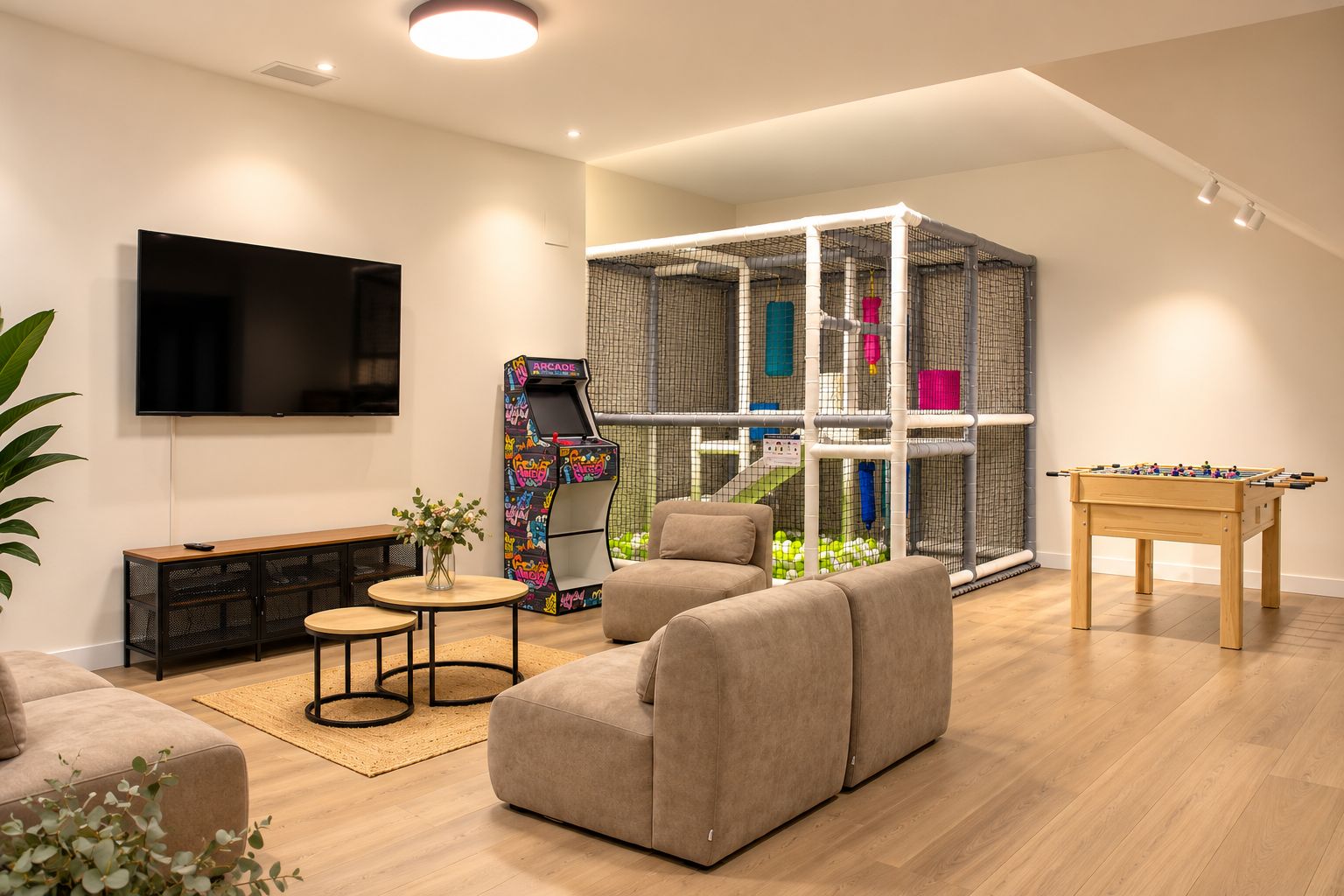 Zona de estar con sofá, arcade y futbolín